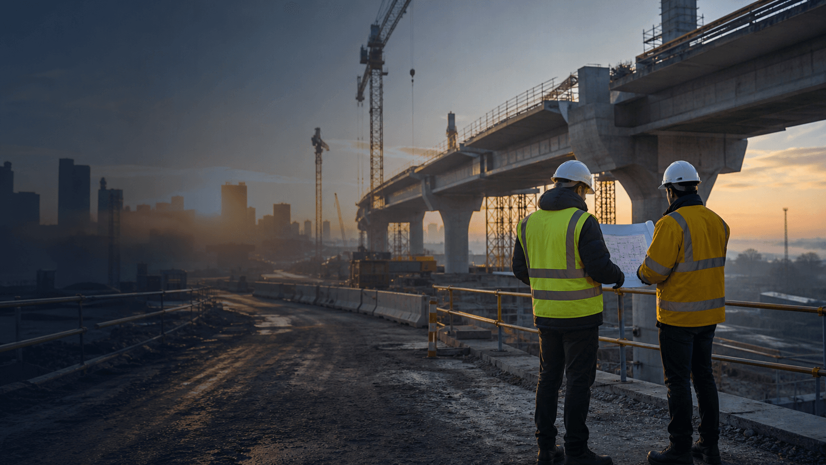 Engineers reviewing plans on an infrastructure site