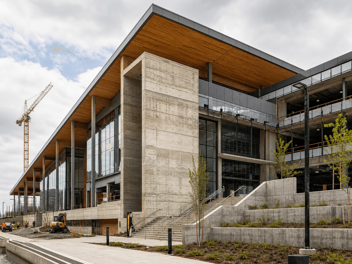 Contemporary concrete, glass and timber civic building nearing completion