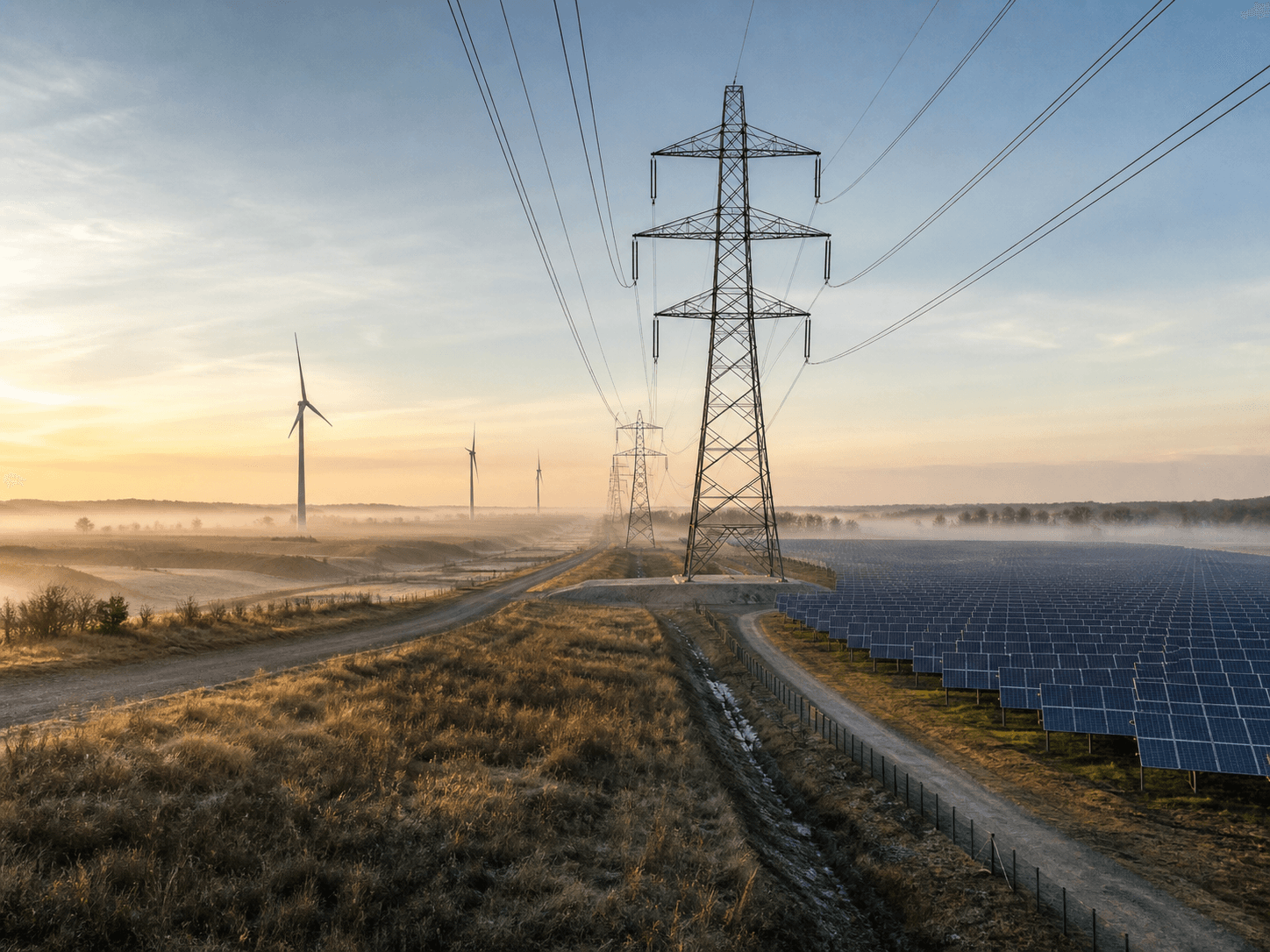 Renewable energy generation and power transmission infrastructure at sunrise