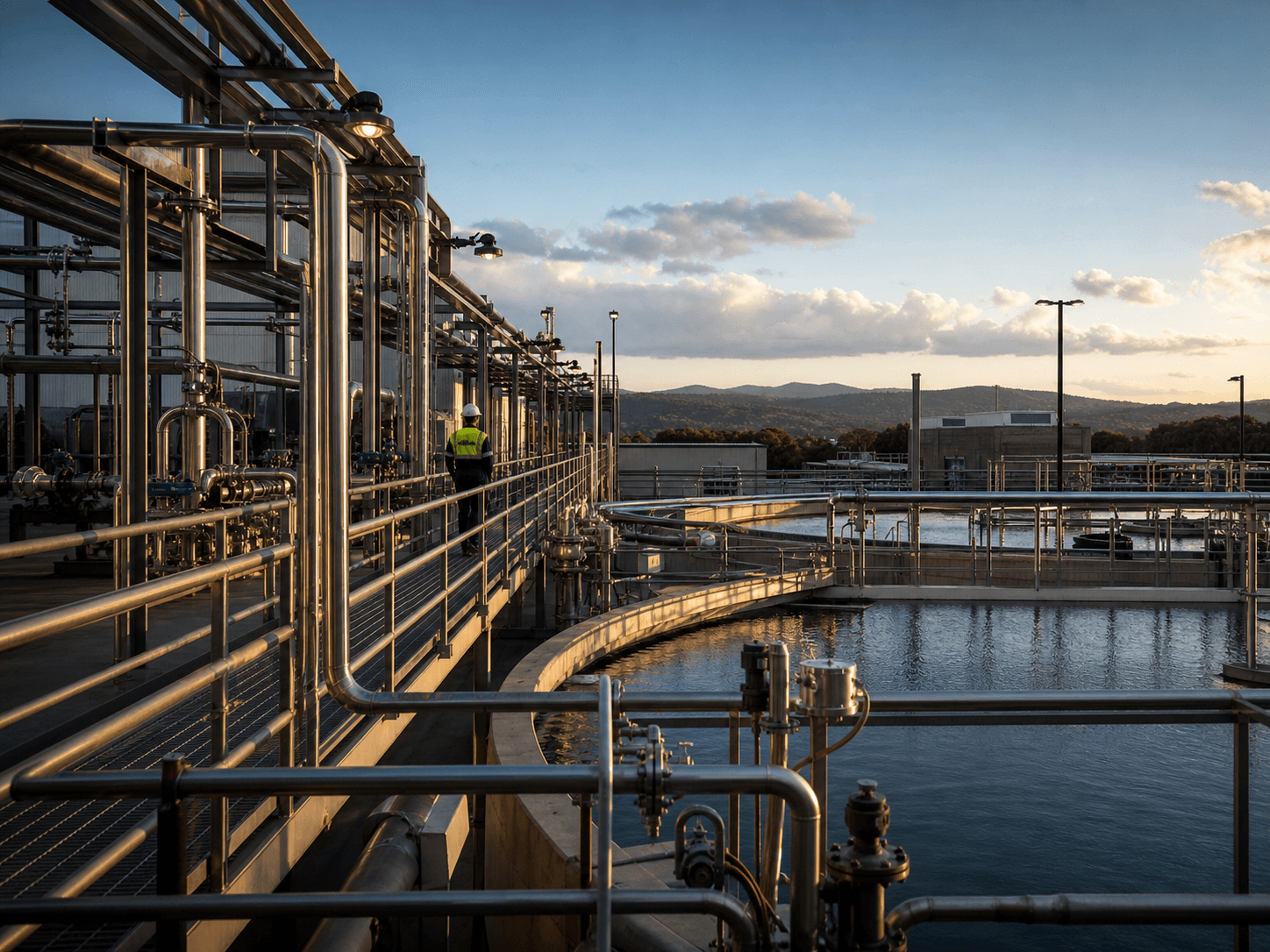 Modern water and industrial process facility with stainless-steel pipework